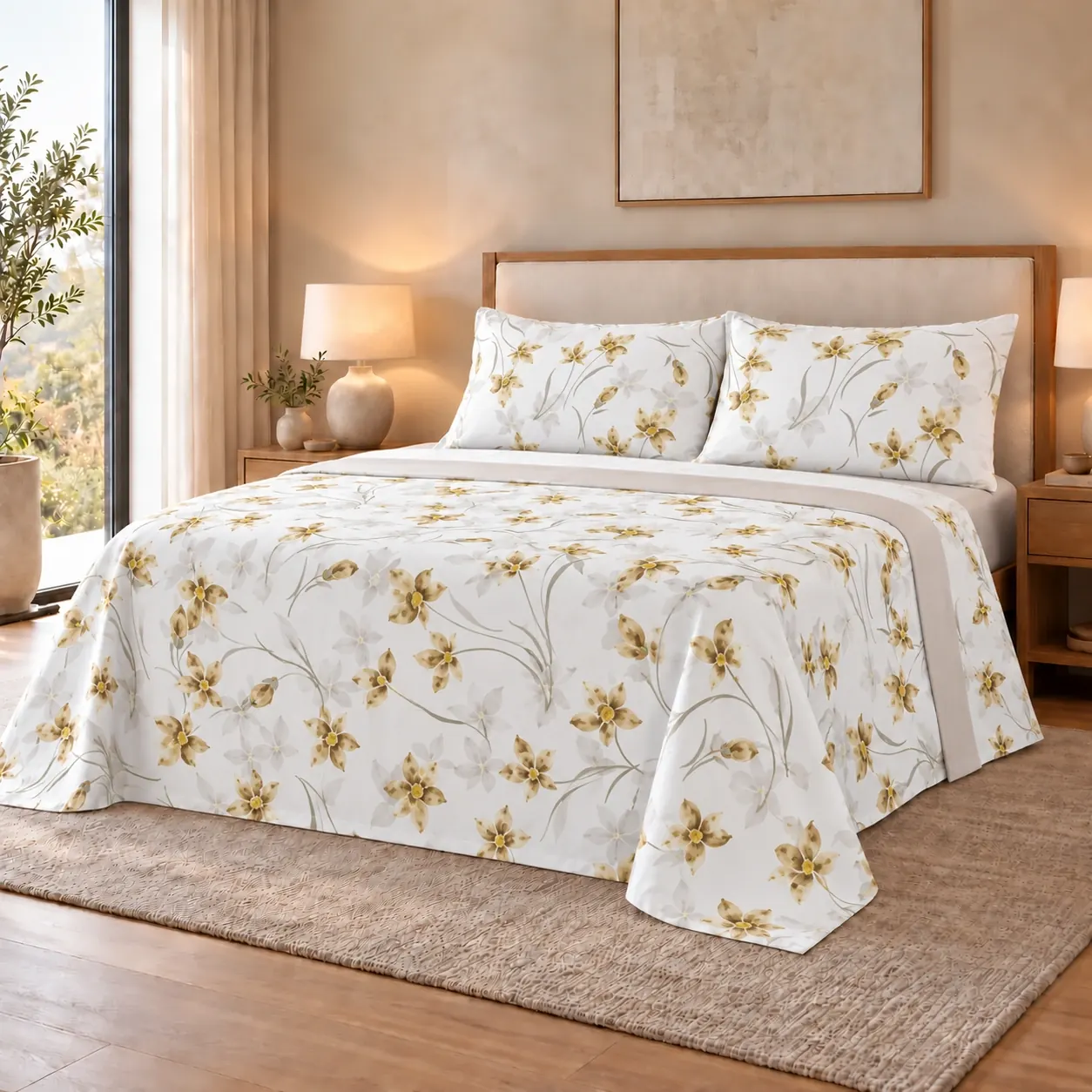 Juego de Sábanas con Estampado Floral – Rosa y Ocre