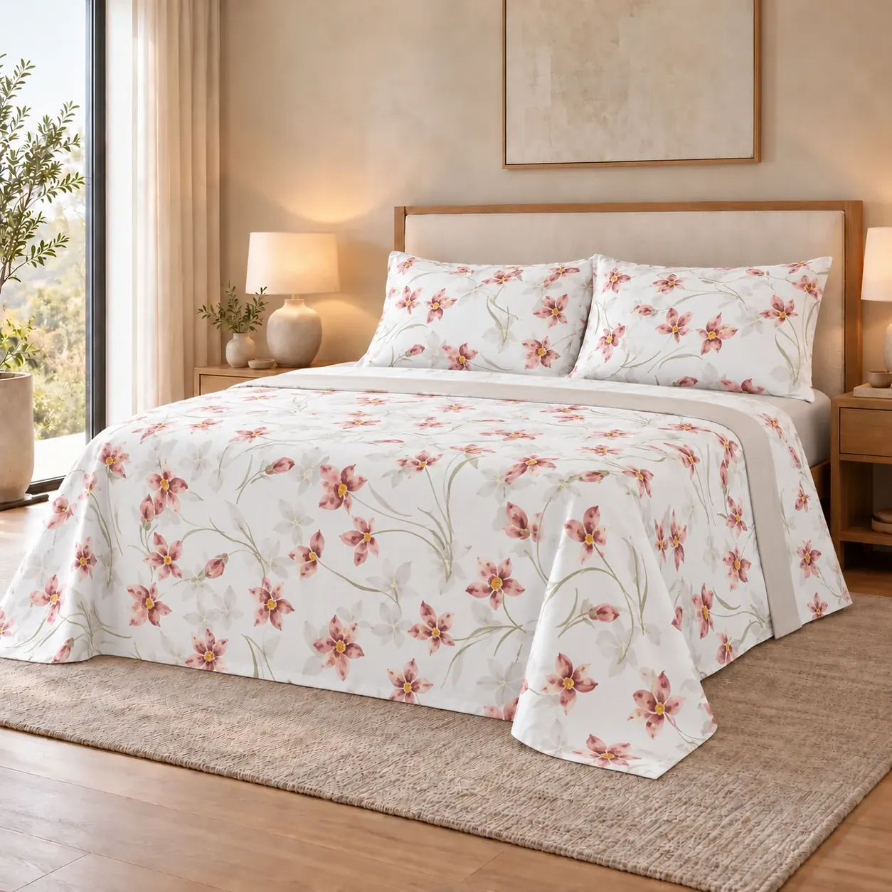 Juego de Sábanas con Estampado Floral – Rosa y Ocre