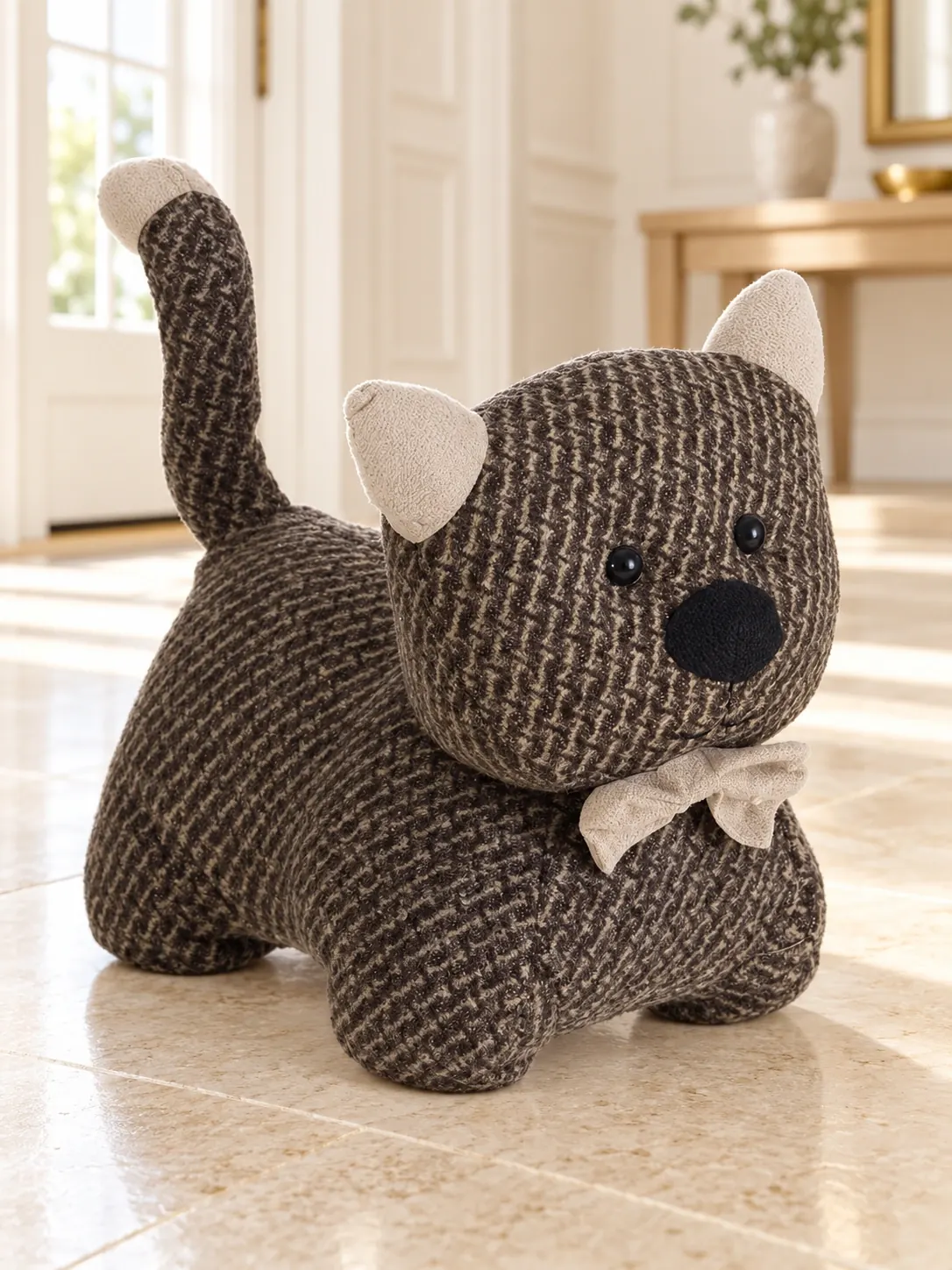 Gato decorativo de tela con lazo