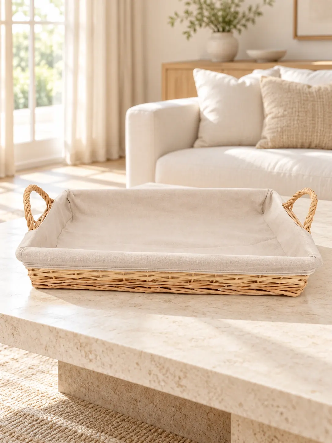 Cesta de mimbre con forro beige y asas